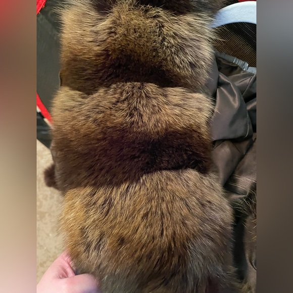 100% REAL Fur trim down belted coat leather buttons made in Italy size Small - Picture 4 of 12